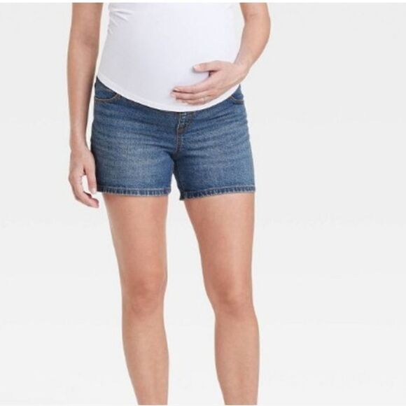 Isabel Maternity Women's Sz 14 Over Belly Midi Blue Jean Shorts Distressed Denim - Picture 7 of 9